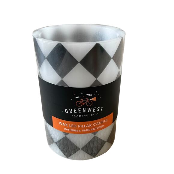 QUEENWEST Wax LED Pillar Candle Black & White Harlequin Checkered Fall Decor New - Picture 9 of 10